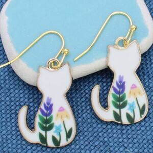 Floral Feline White Cat Earrings